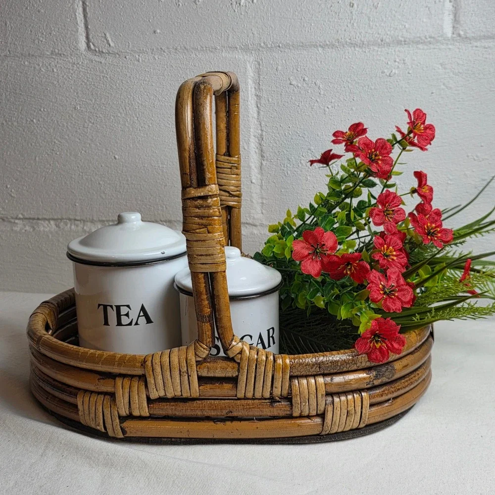 Vintage Bentwood Rattan Oval Basket Tray with Handle Brown Wood Base